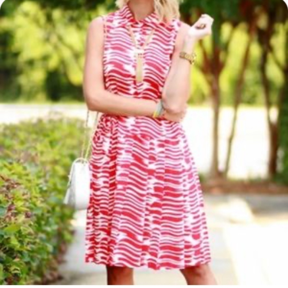 CAbi 281 Brushstroke Pleated Button Down Sleeveless Midi Dress Orange Small